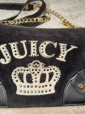 Juicy Couture Black Velvet Rhinestone Crown Shoulder Bag with Gold Chain